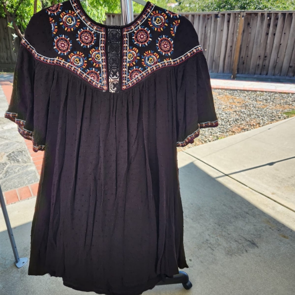 Francesca's Miami Boho Black Dress with Colorful Embroidery